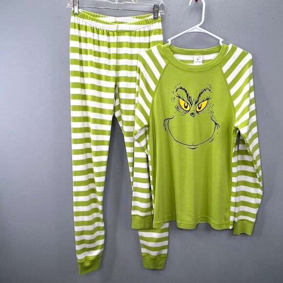Hanna Andersson Grinch Pajama Set Adult M Pants Shirt Green Striped PJs Organic - Picture 1 of 8